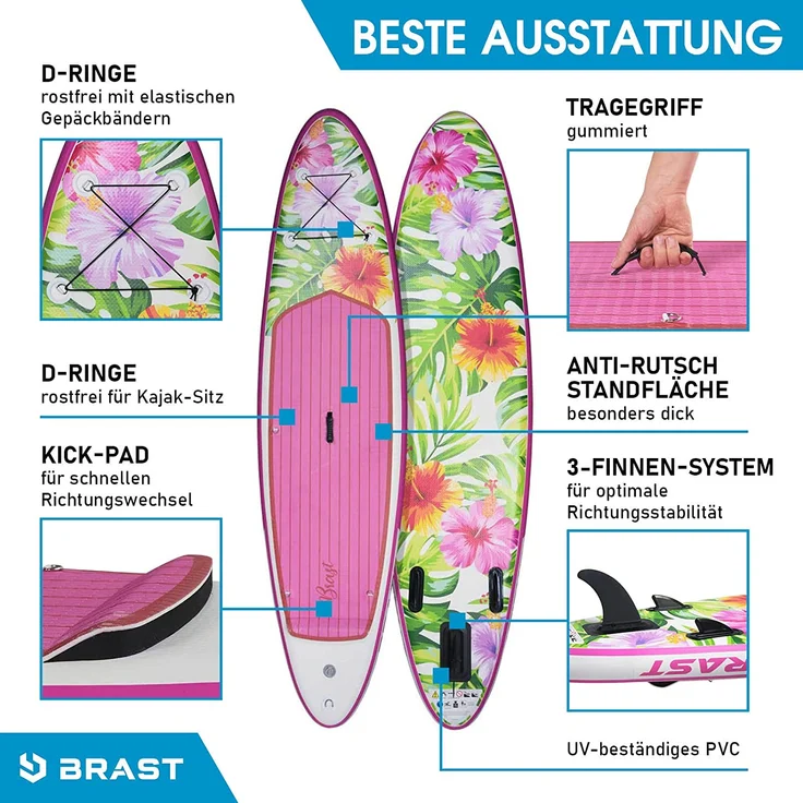 BRAST SUP Board Lady Aufblasbares Stand up Paddle Set für Frauen 300cm Eden incl. Zubehör 5 Jahre Garantie Fußschlaufe Paddel Pumpe Rucksack - Preisvergleich – Bild 5