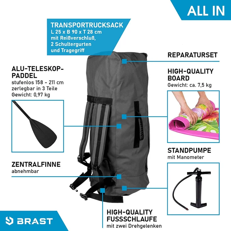 BRAST SUP Board Lady Aufblasbares Stand up Paddle Set für Frauen 300cm Eden incl. Zubehör 5 Jahre Garantie Fußschlaufe Paddel Pumpe Rucksack - Preisvergleich – Bild 8