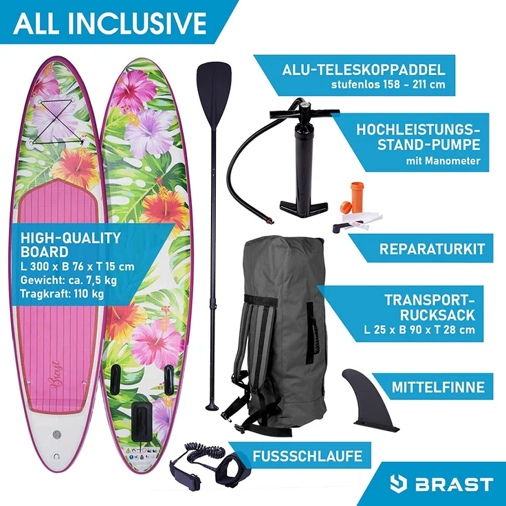 BRAST SUP Board Lady Aufblasbares Stand up Paddle Set für Frauen 300cm Eden incl. Zubehör 5 Jahre Garantie Fußschlaufe Paddel Pumpe Rucksack - Preisvergleich – Bild 9