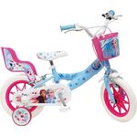 Disney Fahrrad, 12 Zoll, Eiskönigin 2 (Frozen II) mit 2 Bremsen, Korb vorne & Puppenhalterung hinten + 2 abnehmbare Stabilisatoren für Mädchen, Himmelblau, Weiß und Fuchsia