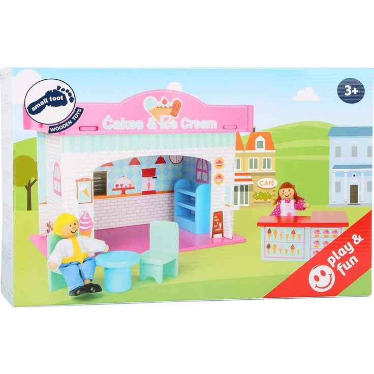 small foot 10855 Spielhaus Eisdiele aus Holz zum Stecken, inkl. Möblierung, Biegepuppen und bunt aufgedruckter Einrichtung, kinderleichter Aufbau, kleines Puppenhaus geeignet für Kinder ab 3 Jahren – Bild 6