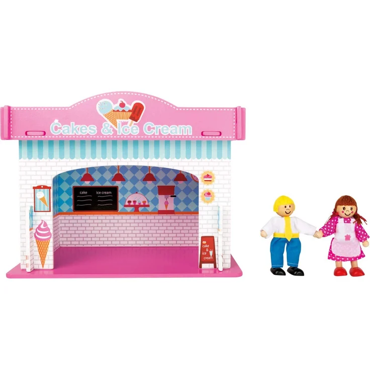 small foot 10855 Spielhaus Eisdiele aus Holz zum Stecken, inkl. Möblierung, Biegepuppen und bunt aufgedruckter Einrichtung, kinderleichter Aufbau, kleines Puppenhaus geeignet für Kinder ab 3 Jahren – Bild 2