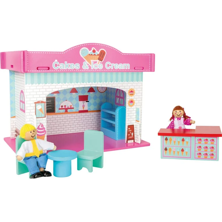 small foot 10855 Spielhaus Eisdiele aus Holz zum Stecken, inkl. Möblierung, Biegepuppen und bunt aufgedruckter Einrichtung, kinderleichter Aufbau, kleines Puppenhaus geeignet für Kinder ab 3 Jahren – Bild 7