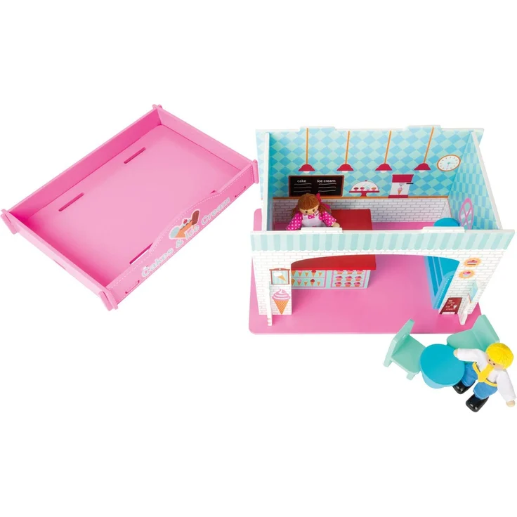 small foot 10855 Spielhaus Eisdiele aus Holz zum Stecken, inkl. Möblierung, Biegepuppen und bunt aufgedruckter Einrichtung, kinderleichter Aufbau, kleines Puppenhaus geeignet für Kinder ab 3 Jahren – Bild 4