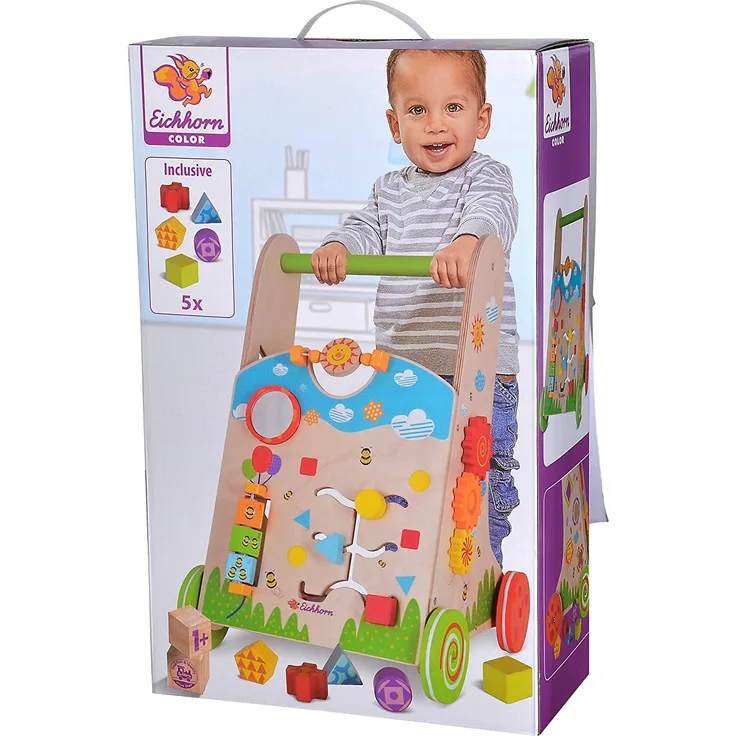 Eichhorn 100002253 - Bunter Spiel- und Lauflernwagen, 6 teilig, Sortierspiel, Drehspiel, Steckspiel und 5 Steckbausteine 33,5x32x51cm, Birkenholz, ab 1 Jahr