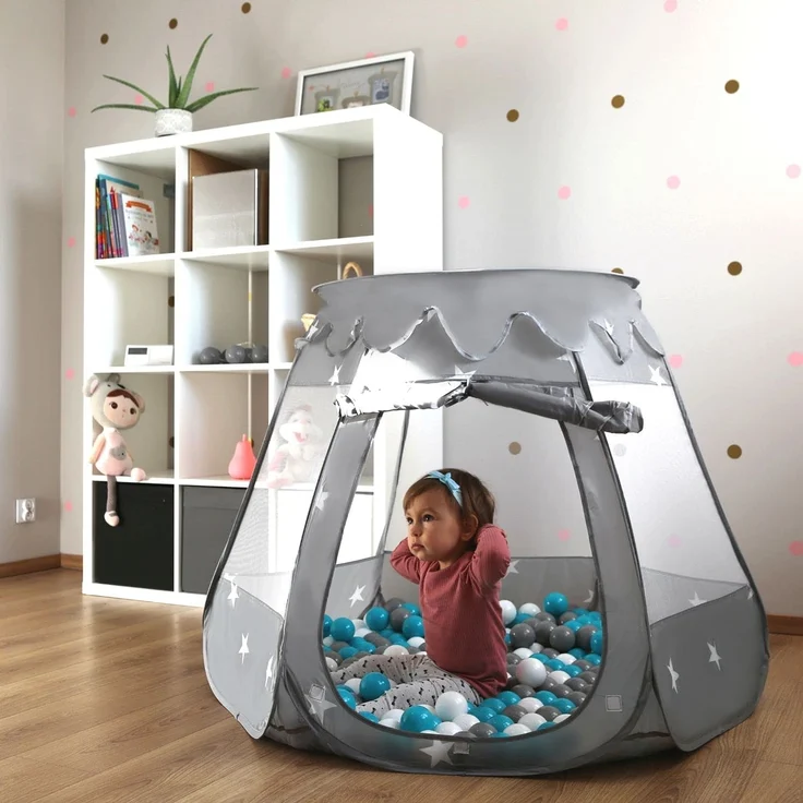 Selonis Baby Spielzelt Mit Plastikbällen Zelt 105X90cm/600 Stück Bälle Plastikkugel Kinder, Grau:Weiß/Grau/Minze – Bild 5