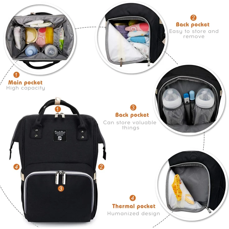 Pomelo Best Baby Wickelrucksack stylische Wickeltasche Rucksack mit Wickelunterlage multifunktional wasserabweisend Große Kapazität Rucksack für unterwegs (Schwarz) – Bild 3