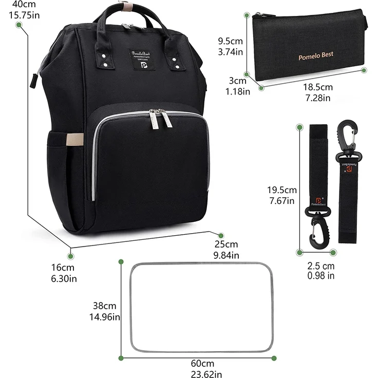 Pomelo Best Baby Wickelrucksack stylische Wickeltasche Rucksack mit Wickelunterlage multifunktional wasserabweisend Große Kapazität Rucksack für unterwegs (Schwarz) – Bild 6