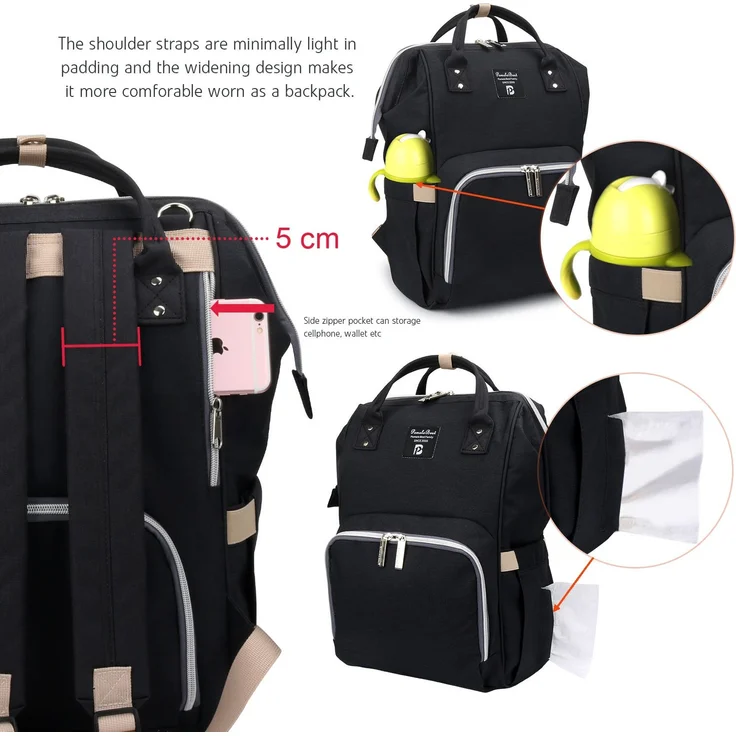 Pomelo Best Baby Wickelrucksack stylische Wickeltasche Rucksack mit Wickelunterlage multifunktional wasserabweisend Große Kapazität Rucksack für unterwegs (Schwarz) – Bild 5