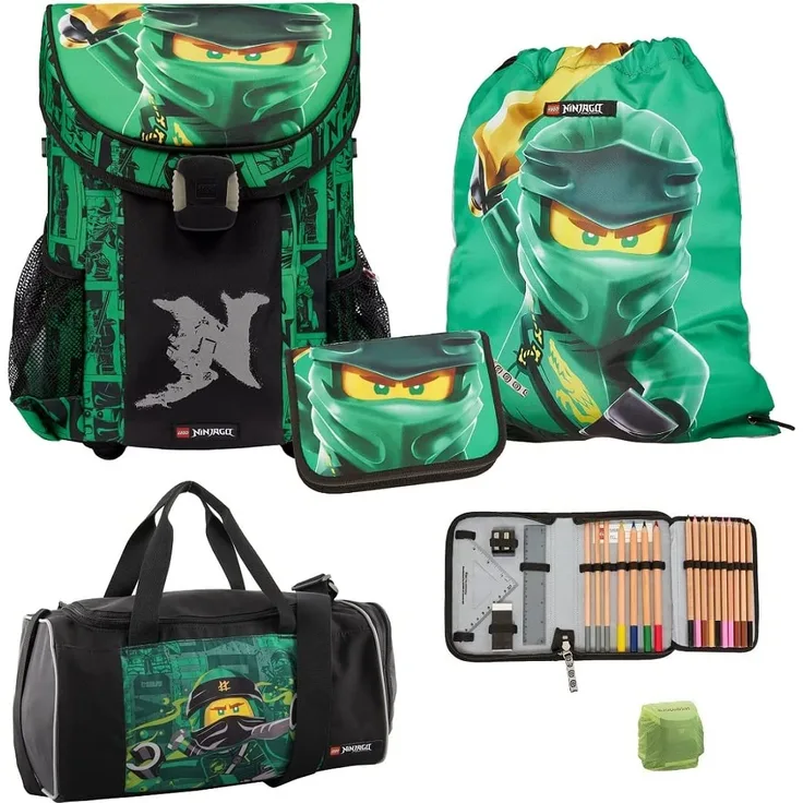 Lego Ninjago Schulranzen Set 5tlg. EASY GREEN Ranzen 1. Klasse mit Federmappe und Sporttasche