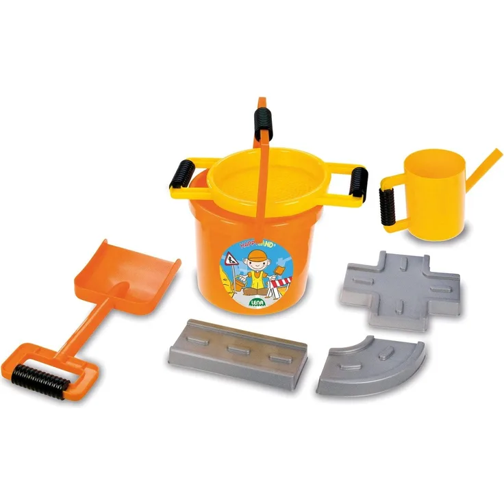 Lena 5440 Happy Sand Spielset, 7 teiliges, Sandspielzeug Set für Kinder ab 2 Jahre, Bauspielset mit Eimer, Sieb, 3 Straßenbau Förmchen, große Sandschaufel und Ölkanne, Orange, Gelb und Grau