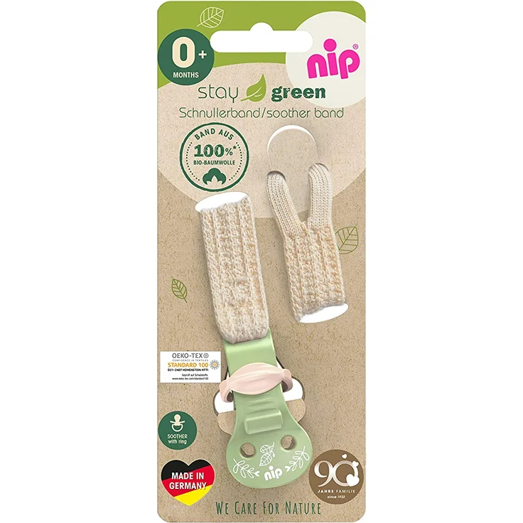 nip Stay Green Schnullerband aus 100% Bio-Baumwolle, Made in Germany, für Schnuller mit Ring, stufenweise verstellbar,schützt Kleidung, Colour:Grün – Bild 1