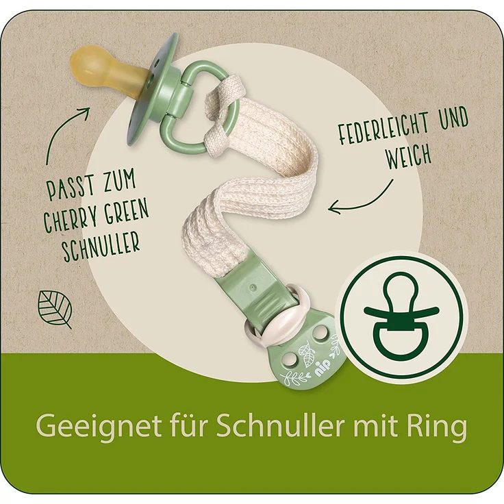 nip Stay Green Schnullerband aus 100% Bio-Baumwolle, Made in Germany, für Schnuller mit Ring, stufenweise verstellbar,schützt Kleidung, Colour:Grün – Bild 6