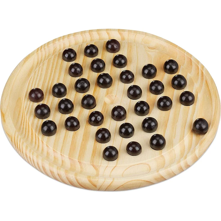 Relaxdays Solitaire Spiel, rundes Spielbrett, 33 Kugeln, Kinder & Erwachsene, 1 Spieler, Holz Brettspiel, natur/schwarz – Bild 1