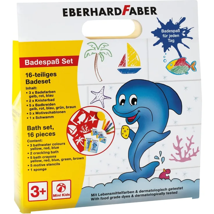 Eberhard Faber 524116 - Bade-Spaß Box 16-teilig, Bade-Set für Kinder mit 3 Bad-Farben, 2 Knister-Bädern, 1 Schwamm, 5 Bad-Kreiden und 5 Motivschablonen, abwaschbarer Mal-Spaß und Badevergnügen