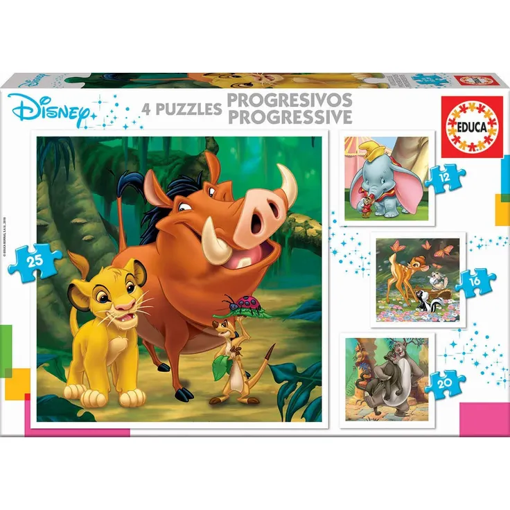 Educa Borras - 4 Progressive Puzzless Disney Animals, Dumbo+Bambi+Lion King+Jungle Book Puzzle (18104)