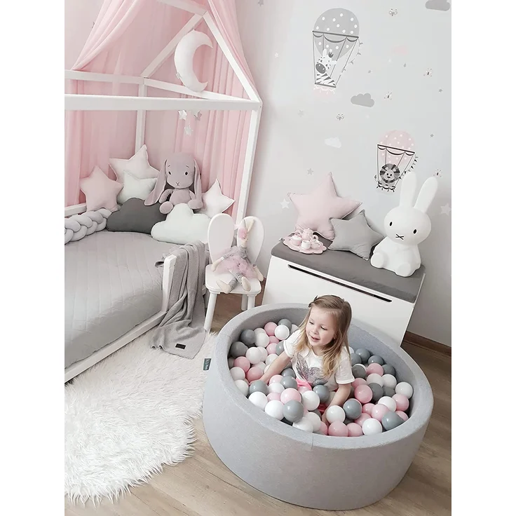 KiddyMoon Bällebad 90X30cm/200 Bälle ∅ 7Cm Bällepool Mit Bunten Bällen Für Babys Kinder Rund, Hellgrau:Dunkeltürkis/Pastellbeige/Grüngrau/Lachsfarben – Bild 7