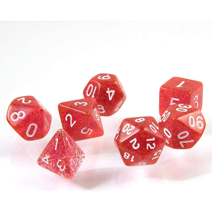 shibby 7 polyedrische Glitzer Würfel für Rollen- und Tabletopspiele in rot mit Beutel