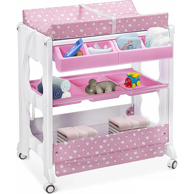 COSTWAY 2 in 1 Mobiler Wickeltisch Badewanne | Wickelkombination Wickelauflage Kommode| Wickelregal rosa