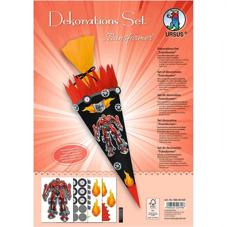 Dekorationsset Transformer, 4 Bogen Bastelkarton DIN A4, beidseitig bedruckt, vorgestanzt, genutet, zum Dekorieren einer Schultüte, teilweise veredelt, mit Satinband