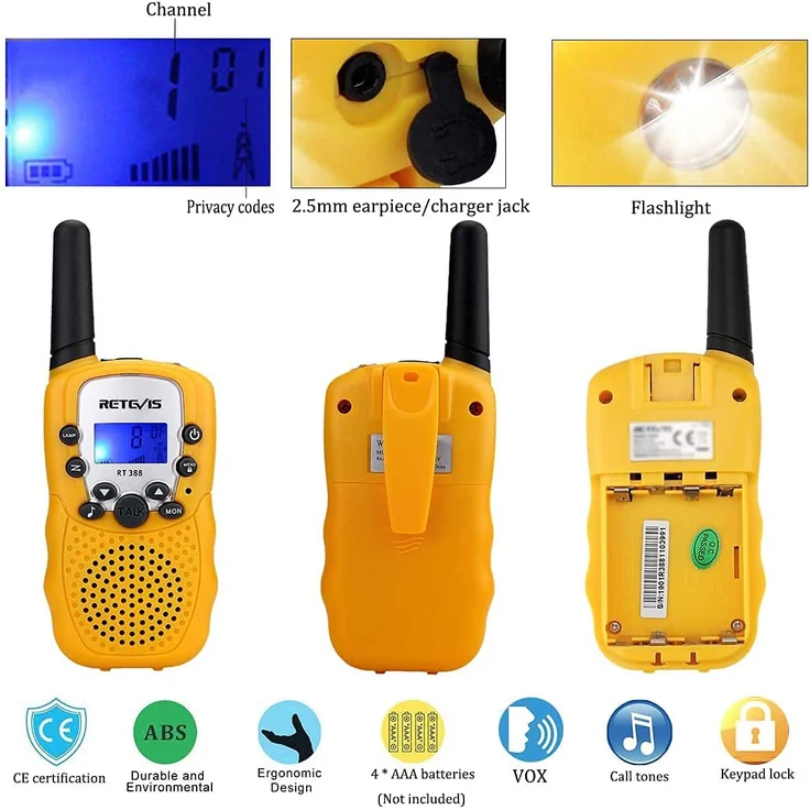 Retevis RT388 Funkgerät Kinder, Walkie Talkie Große Reichweite,8 Kanäle VOX Tastatursperre, Geschenke für 3-12 Mädchen Junge, Abenteuer im Freien, Familienspiele, Wandern (1 Paar, Gelb) – Bild 8