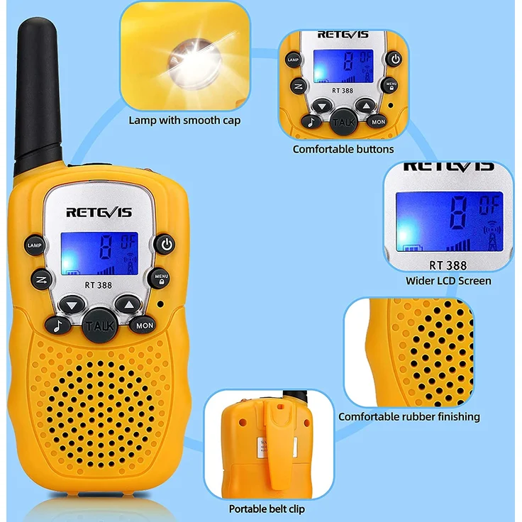 Retevis RT388 Funkgerät Kinder, Walkie Talkie Große Reichweite,8 Kanäle VOX Tastatursperre, Geschenke für 3-12 Mädchen Junge, Abenteuer im Freien, Familienspiele, Wandern (1 Paar, Gelb) – Bild 3