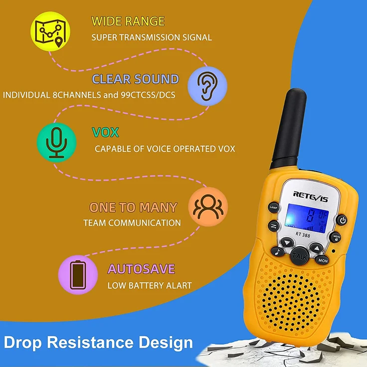 Retevis RT388 Funkgerät Kinder, Walkie Talkie Große Reichweite,8 Kanäle VOX Tastatursperre, Geschenke für 3-12 Mädchen Junge, Abenteuer im Freien, Familienspiele, Wandern (1 Paar, Gelb) – Bild 2