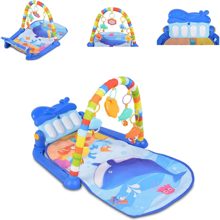 Moni Spielbogen Krabbeldecke Ocean 5 Hängespielzeuge, Klaviertasten, Melodien blau