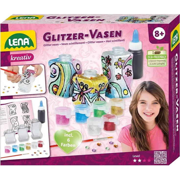 Lena 42693 Bastelset Glitzer-Vasen, Komplettset mit 3 kleinen Flacons aus Kunststoff, 6 glitzernden Farben, Malpinsel, Konturenpaste und Deko Steine, Glasmalerei Set für Kinder ab 8 Jahre