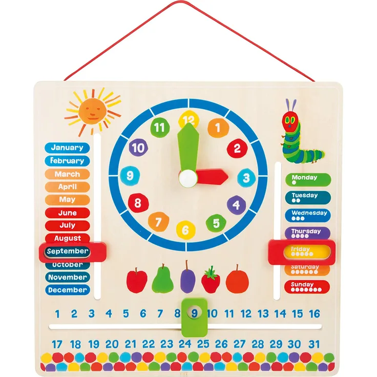 Lerntafel aus Holz mit Motiven von der kleinen Raupe Nimmersatt, erklärt spielend das Datum, Jahreszeiten und die Uhrzeit mit drehbaren Zeigern auf englischer Sprache, geeignet für Kinder ab 3 Jahren