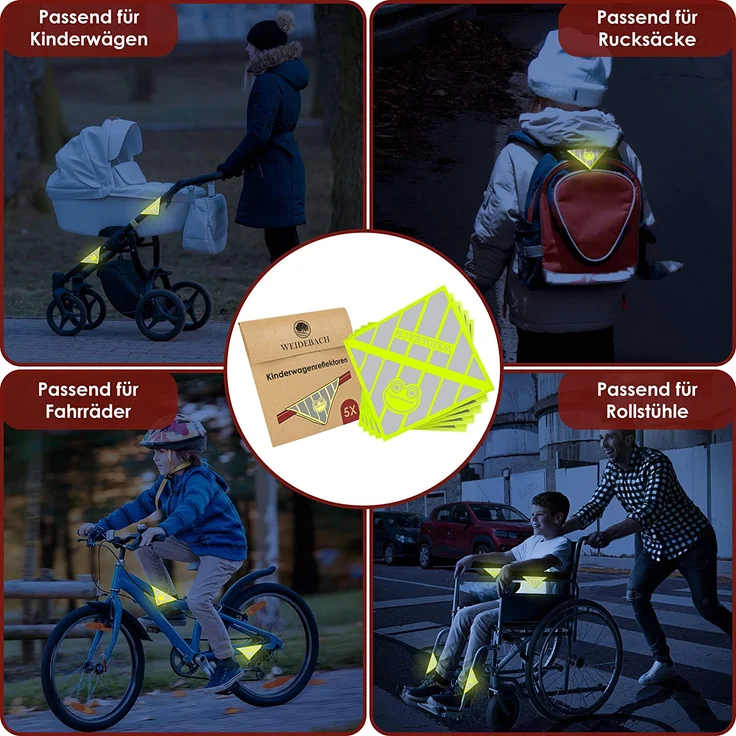 WEIDEBACH® 5x stark reflektierende Kinderwagen Reflektoren mit lustigem Froschmotiv, Reflektor Klett Verschluss universell nutzbar, Höchste Sicherheit mit Kinderwagen Reflektor in Dunkelheit – Bild 4