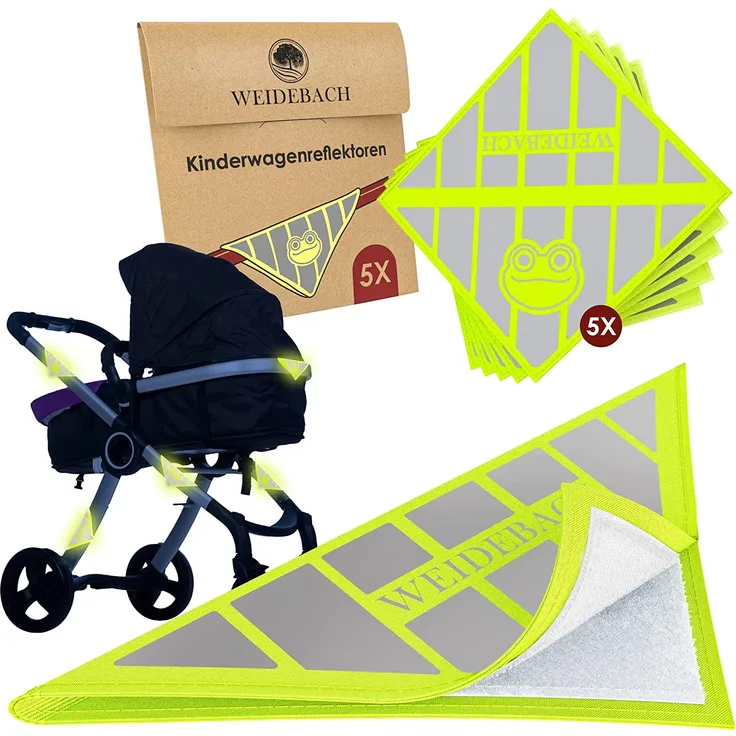 WEIDEBACH® 5x stark reflektierende Kinderwagen Reflektoren mit lustigem Froschmotiv, Reflektor Klett Verschluss universell nutzbar, Höchste Sicherheit mit Kinderwagen Reflektor in Dunkelheit