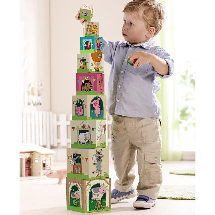 Haba 5879 Stapelwürfel 'Auf dem Land', lustiges Stapelspiel für Babys ab 1 Jahr, Stapelwürfel aus stabilem Karton, BPA-frei, Turm mit niedlichen Bauernhofmotiven - Preisvergleich – Bild 2