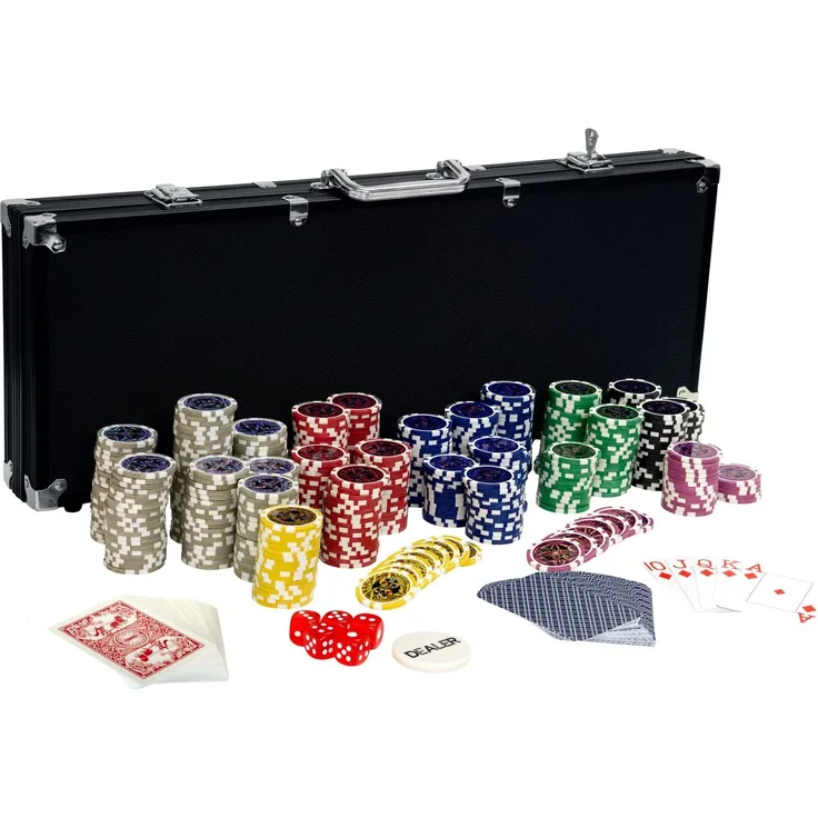 Ultimate Black Edition Pokerset, 500 hochwertige 12 Gramm METALLKERN Laserchips, 100% PLASTIKKARTEN, 2x Pokerdecks, Alu Pokerkoffer, 5x Würfel, 1x Dealer Button, Poker, Set, Pokerchips, Koffer, Jetons