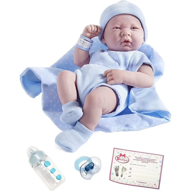 JC TOYS 102-18540 – Kinderpuppe, Körper aus Gummi, Blaue Kleidung mit Punkten, 36 cm