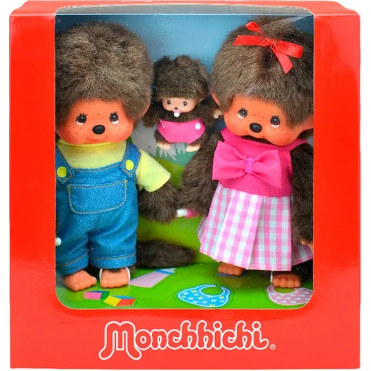 Sekiguchi 254870 - Original Monchhichi Mädchen und Junge mit Baby im Set, aus braunem Plüsch, mit Outfits