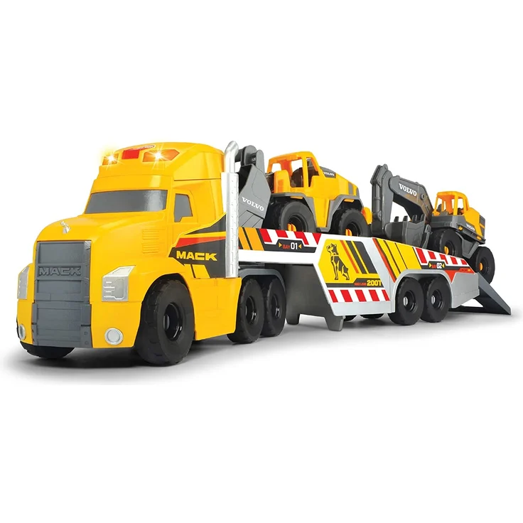 Dickie Toys Volvo Heavy Mack Truck, großer LKW mit 2 Volvo Fahrzeugen auf Anhänger, Bagger & Radlader, Anhänger zum Abkoppeln, Licht & Sound, inkl. Batterien, 70 cm groß, gelb - Preisvergleich – Bild 1
