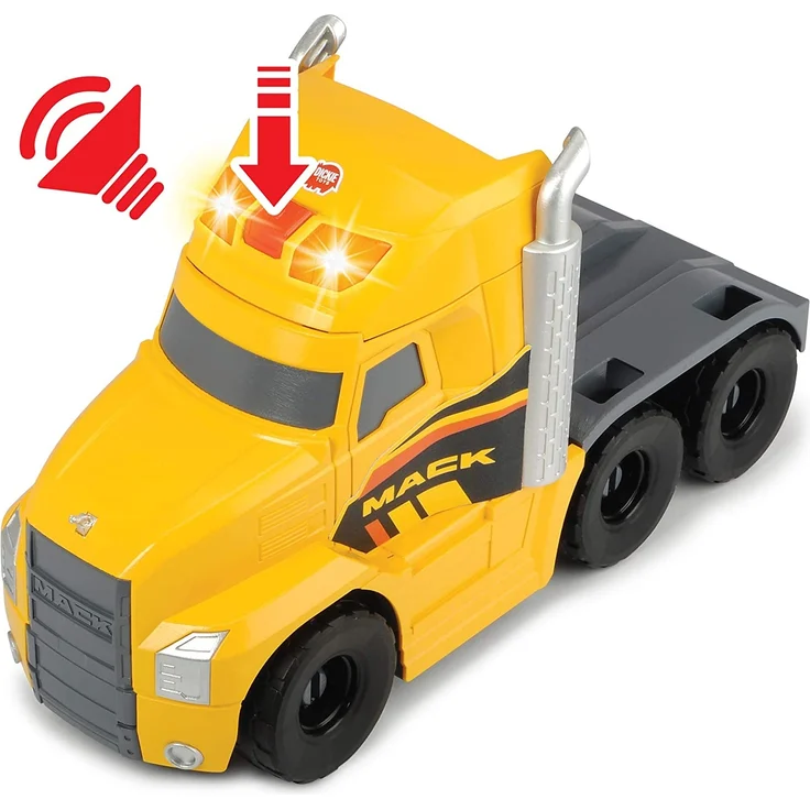 Dickie Toys Volvo Heavy Mack Truck, großer LKW mit 2 Volvo Fahrzeugen auf Anhänger, Bagger & Radlader, Anhänger zum Abkoppeln, Licht & Sound, inkl. Batterien, 70 cm groß, gelb - Preisvergleich – Bild 3