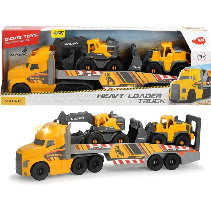 Dickie Toys Volvo Heavy Mack Truck, großer LKW mit 2 Volvo Fahrzeugen auf Anhänger, Bagger & Radlader, Anhänger zum Abkoppeln, Licht & Sound, inkl. Batterien, 70 cm groß, gelb - Preisvergleich – Bild 6