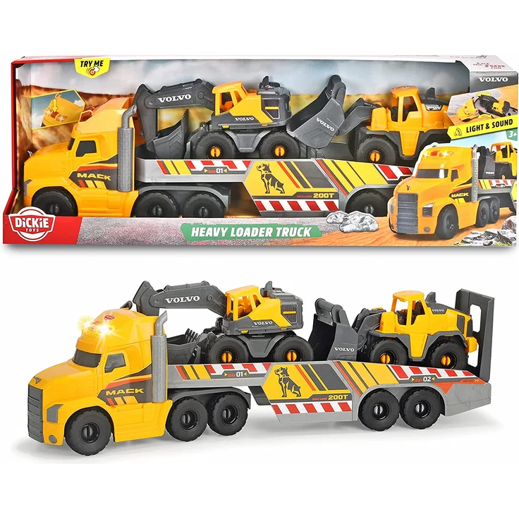 Dickie Toys Volvo Heavy Mack Truck, großer LKW mit 2 Volvo Fahrzeugen auf Anhänger, Bagger & Radlader, Anhänger zum Abkoppeln, Licht & Sound, inkl. Batterien, 70 cm groß, gelb - Preisvergleich – Bild 8