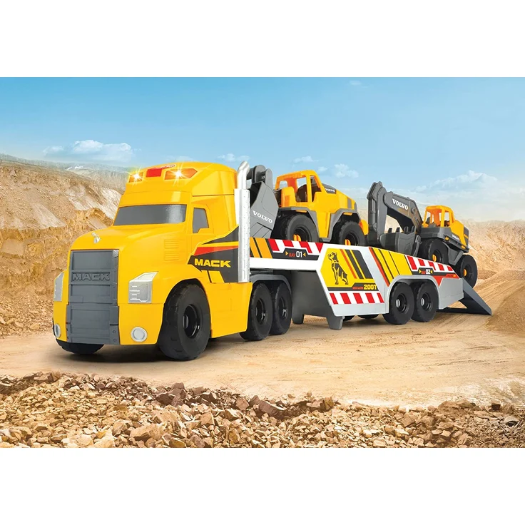 Dickie Toys Volvo Heavy Mack Truck, großer LKW mit 2 Volvo Fahrzeugen auf Anhänger, Bagger & Radlader, Anhänger zum Abkoppeln, Licht & Sound, inkl. Batterien, 70 cm groß, gelb - Preisvergleich – Bild 10