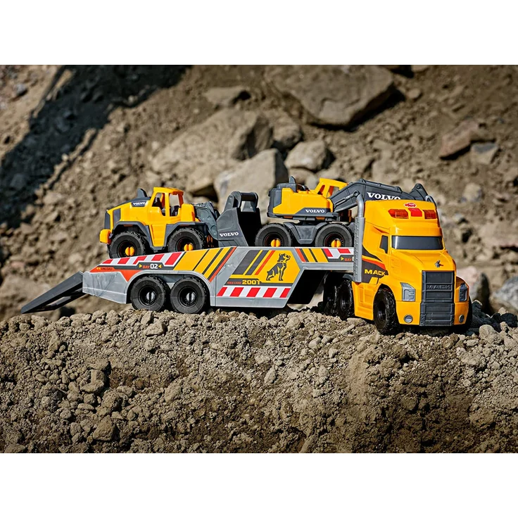 Dickie Toys Volvo Heavy Mack Truck, großer LKW mit 2 Volvo Fahrzeugen auf Anhänger, Bagger & Radlader, Anhänger zum Abkoppeln, Licht & Sound, inkl. Batterien, 70 cm groß, gelb - Preisvergleich – Bild 7