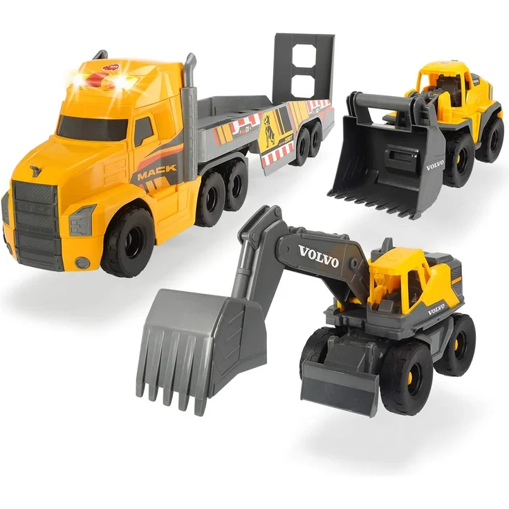 Dickie Toys Volvo Heavy Mack Truck, großer LKW mit 2 Volvo Fahrzeugen auf Anhänger, Bagger & Radlader, Anhänger zum Abkoppeln, Licht & Sound, inkl. Batterien, 70 cm groß, gelb - Preisvergleich – Bild 2