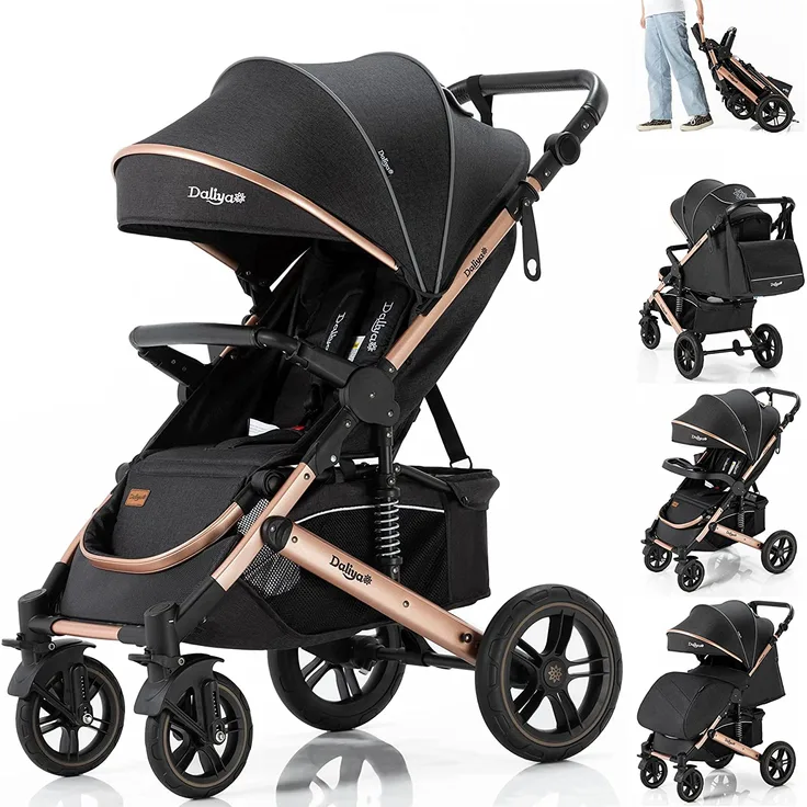 Daliya® Rapidy Buggy Kinderwagen 0-36 Monate Sportwagen mit Liegeposition Wickeltasche, Winterfußsack, Ess- & Spieltisch und mehr (Schwarz - Gold)