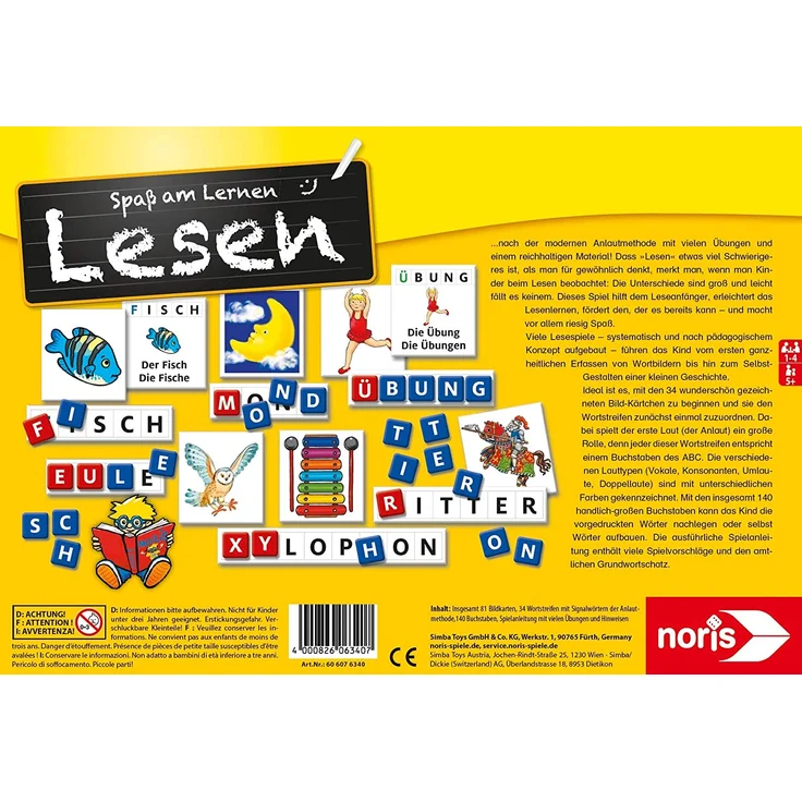 Noris 606076340 Spaß am Lesen, Kinder Lernspiel zum Lesenlernen, Wort, Bildlesekarten und Buchstabensteine für Kindergarten, 1 und 2 Schulstufe, 1-4 Spieler, ab 5 Jahren – Bild 2