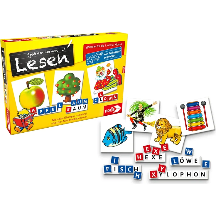 Noris 606076340 Spaß am Lesen, Kinder Lernspiel zum Lesenlernen, Wort, Bildlesekarten und Buchstabensteine für Kindergarten, 1 und 2 Schulstufe, 1-4 Spieler, ab 5 Jahren – Bild 1