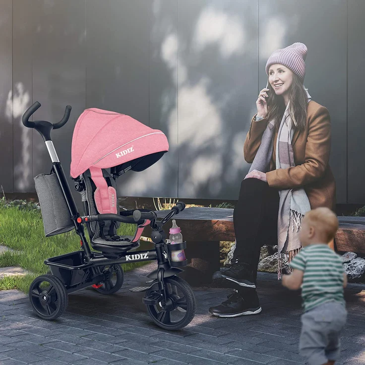 KIDIZ® Dreirad 5in1 Kinderdreirad mit Schubstange Lenksystem Stange ab 1 Jahr vorwärts und Rückwärtsfahrt Jogger , Korb Tasche Getränkehalter Sonnendach Gummiräder, Buggy Fahrrad Baby Klappbar Rosa – Bild 7