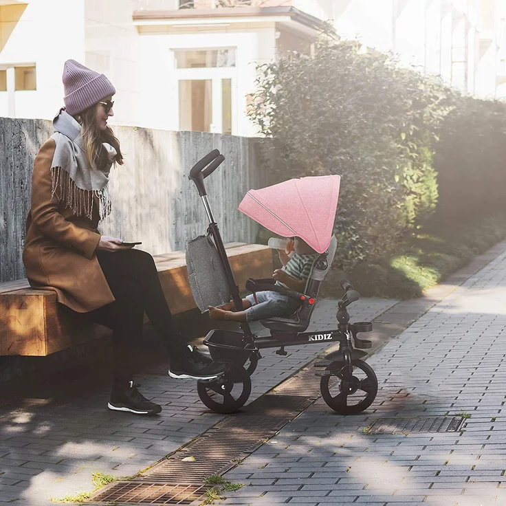 KIDIZ® Dreirad 5in1 Kinderdreirad mit Schubstange Lenksystem Stange ab 1 Jahr vorwärts und Rückwärtsfahrt Jogger , Korb Tasche Getränkehalter Sonnendach Gummiräder, Buggy Fahrrad Baby Klappbar Rosa – Bild 6