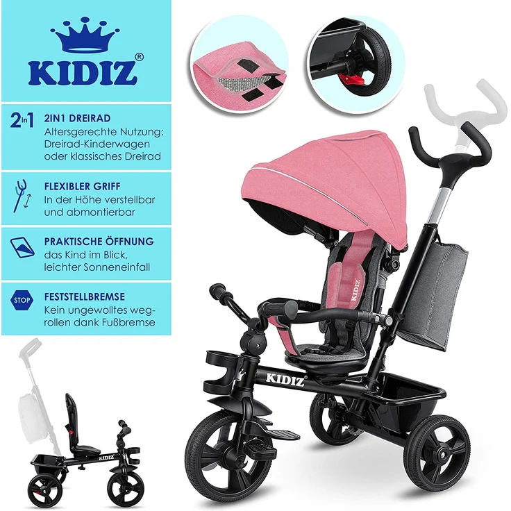 KIDIZ® Dreirad 5in1 Kinderdreirad mit Schubstange Lenksystem Stange ab 1 Jahr vorwärts und Rückwärtsfahrt Jogger , Korb Tasche Getränkehalter Sonnendach Gummiräder, Buggy Fahrrad Baby Klappbar Rosa – Bild 2