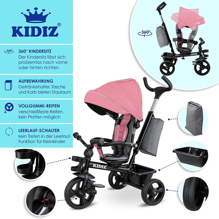 KIDIZ® Dreirad 5in1 Kinderdreirad mit Schubstange Lenksystem Stange ab 1 Jahr vorwärts und Rückwärtsfahrt Jogger , Korb Tasche Getränkehalter Sonnendach Gummiräder, Buggy Fahrrad Baby Klappbar Rosa – Bild 3